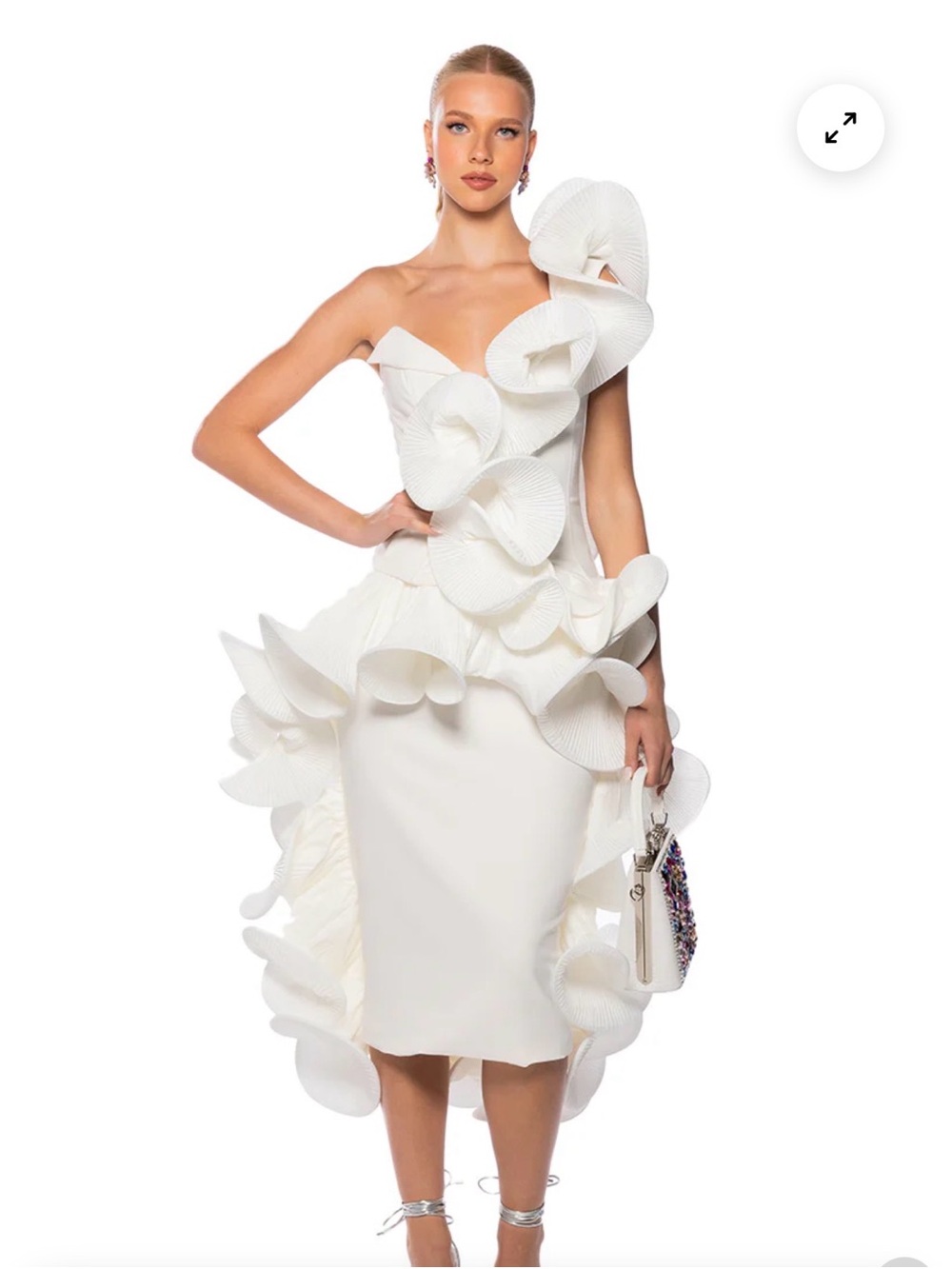 Elegant 2 piece Akira White Cascading Ruffle One-Shoulder Ruffle top and skirt